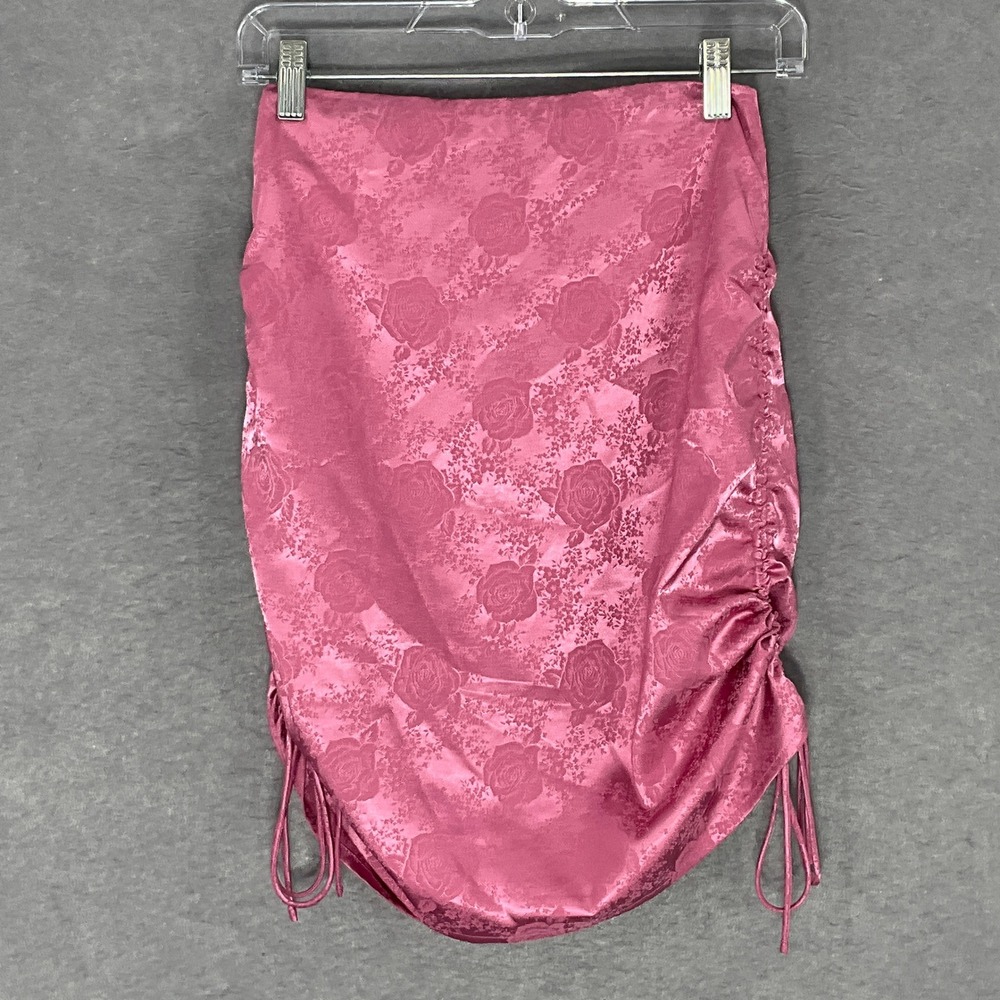 Forever 21 Ruched Mini Skirt Roses Drawstring Bodycon Party Romantic Pink Sz S